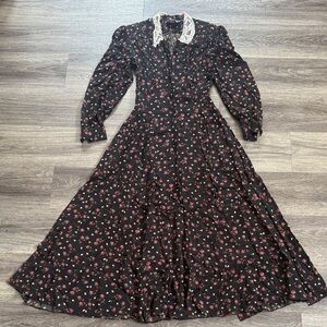 Vintage Black Floral Dress with Lace Detail Button Down Midi